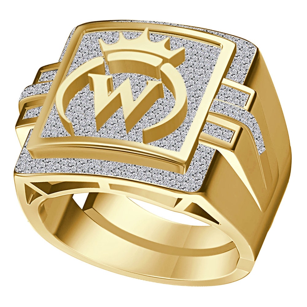 Men's Genuine Authentic 1.25 Cwt. VVS1 Natural MOISSANITE Diamond Initial Letter Alphabet "W" Royal King Crown Face Ring 10K Gold Over Band