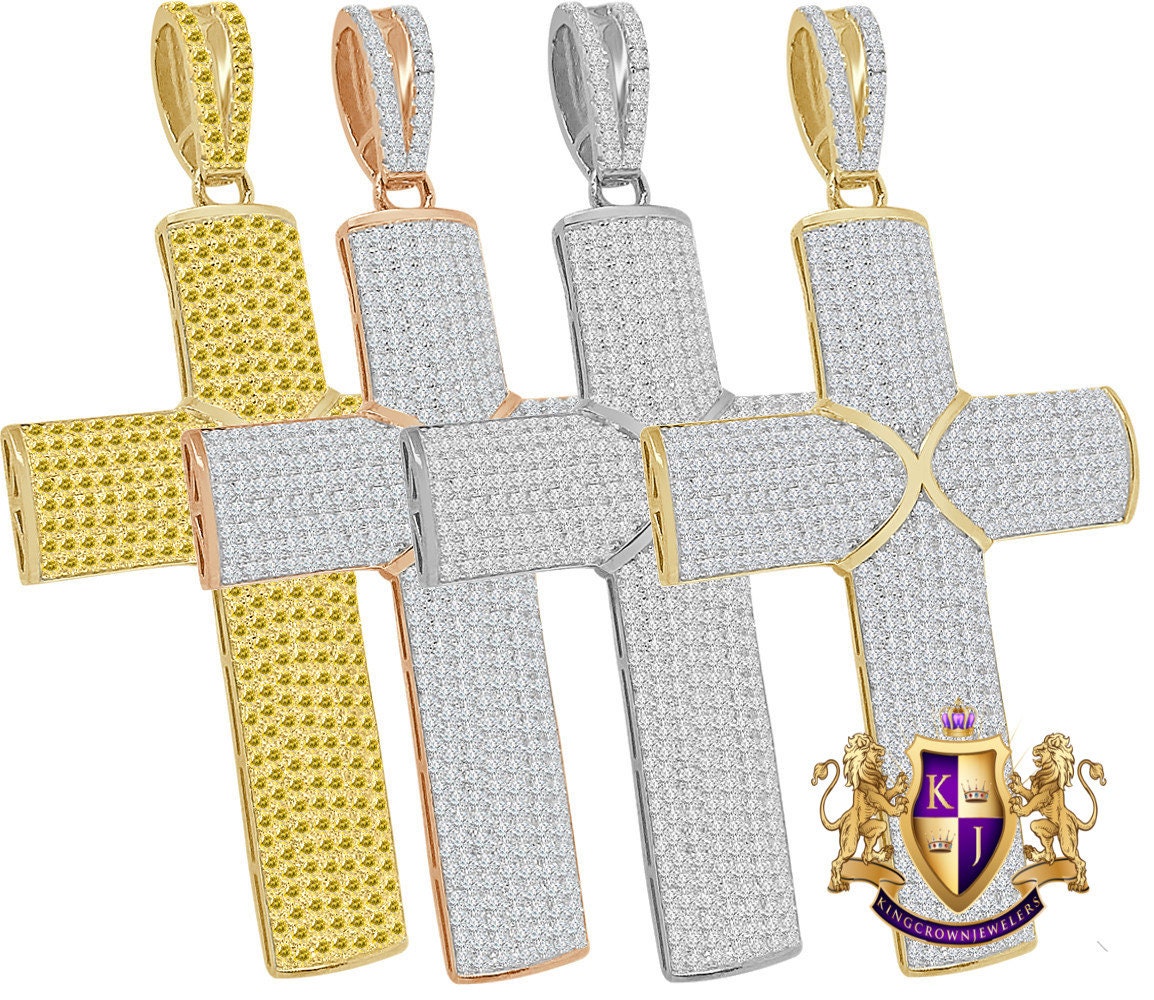 3D Real Genuine Authentic Italian Sterling Silver 21+ Grams 5.00 Cwt. Simulated Diamond 14K Gold On Jesus Cross Custom Pendent Charm 2.25''