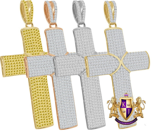 3D Real Genuine Authentic Italian Sterling Silver 21+ Grams 5.00 Cwt. Simulated Diamond 14K Gold On Jesus Cross Custom Pendent Charm 2.25''
