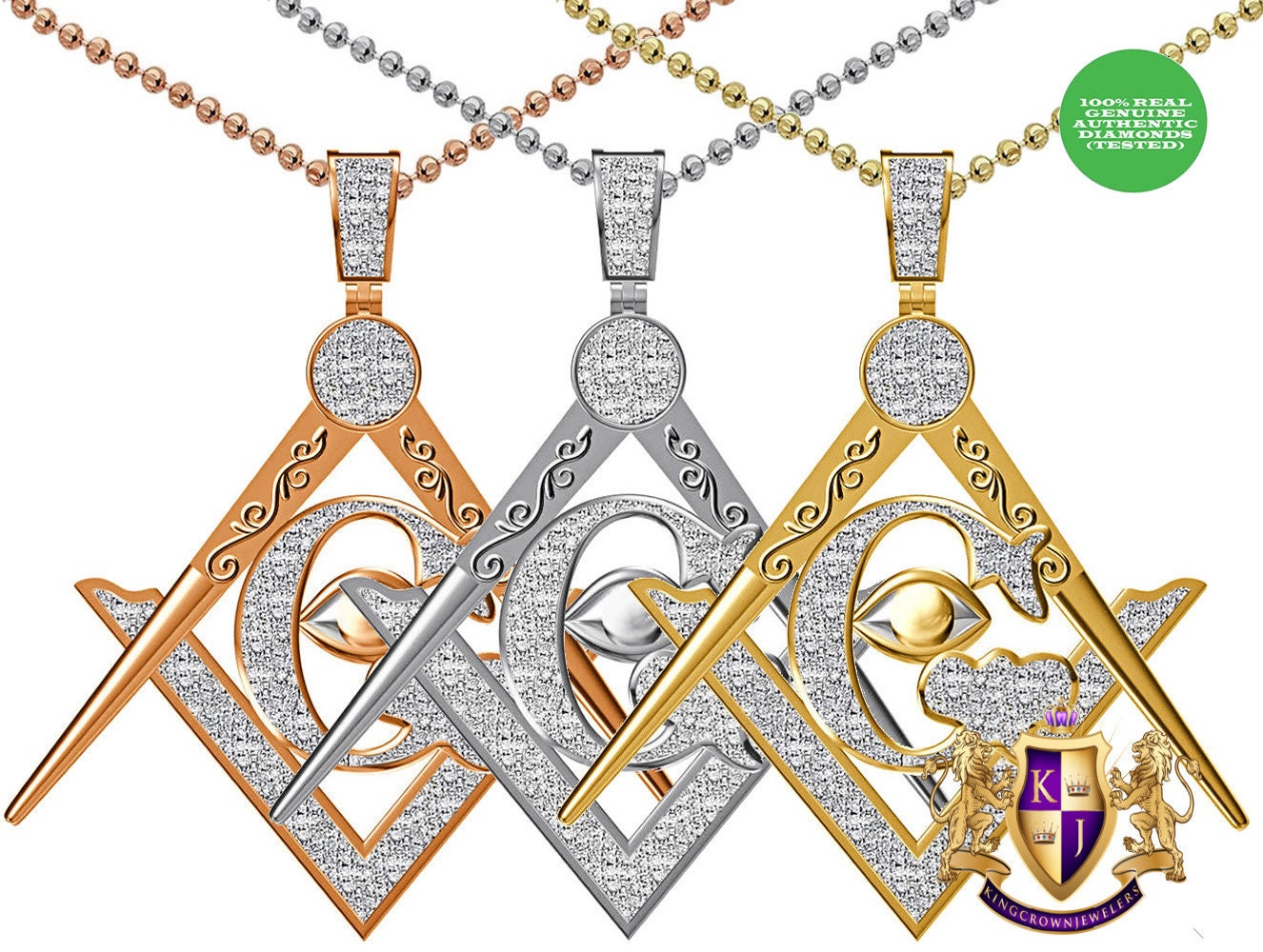 Real Genuine Authentic Diamond Custom Piece Masonic Freemason G Compass All Seen Evil Eye of Providence Charm Pendant Chain Neckless Set 2''
