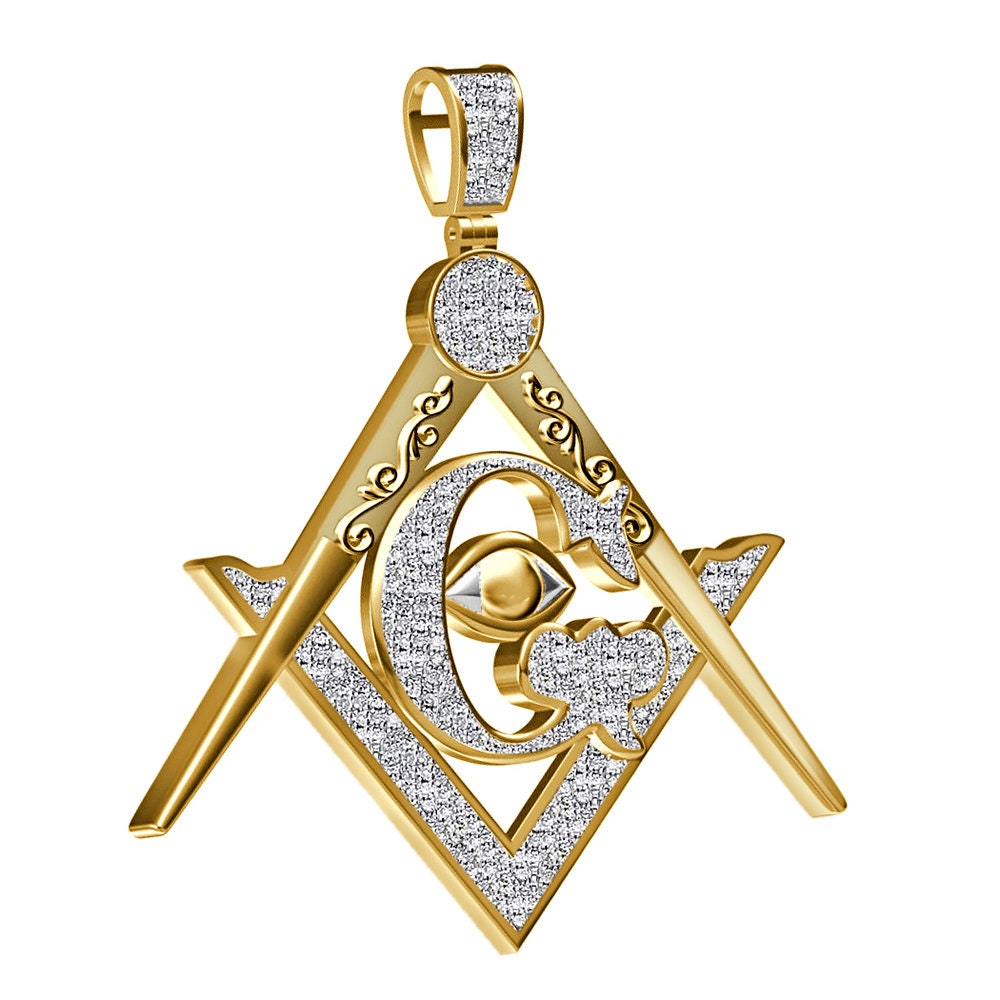 Real Genuine Authentic Diamond Custom Piece Masonic Freemason G Compass All Seen Evil Eye of Providence Charm Pendant Chain Neckless Set 2''