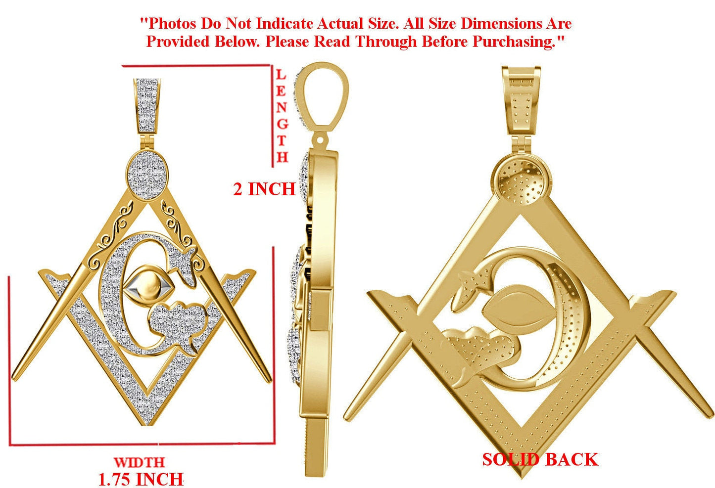 Real Genuine Authentic Diamond Custom Piece Masonic Freemason G Compass All Seen Evil Eye of Providence Charm Pendant Chain Neckless Set 2''