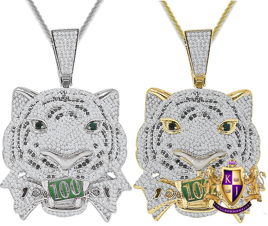 45+ Grams Real Genuine Italian Sterling Silver 3.00 Cwt. Simulated Diamond 14K Gold On Lion Head 100 Dollar Bills Cash Charm Pendant 2.25''