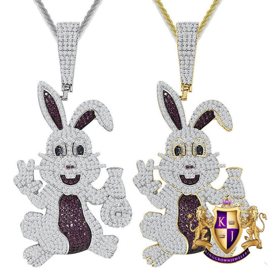 40+ Grams Big 3'' Real Genuine Sterling Silver 3.00 Ct. Simulated Diamond 14K Gold On Rabbit Bunny Holding Cash Money Bag Mens Charm Pendant