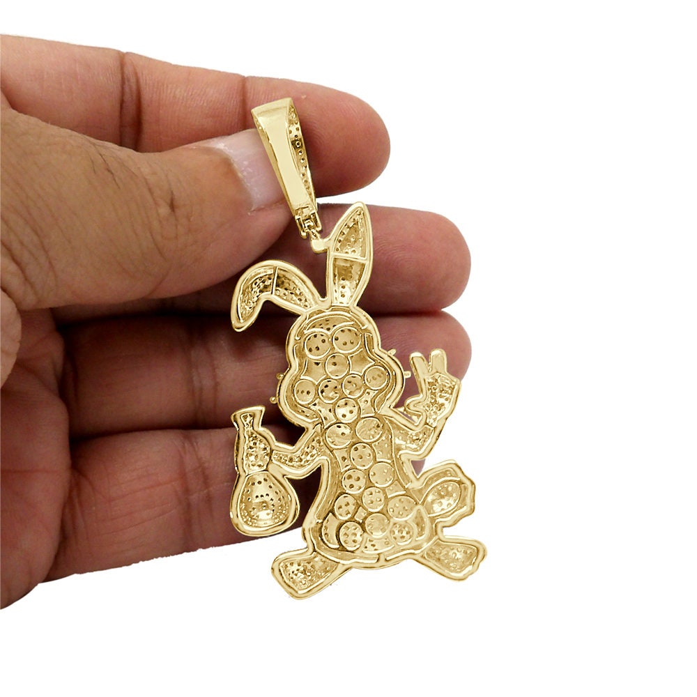 40+ Grams Big 3'' Real Genuine Sterling Silver 3.00 Ct. Simulated Diamond 14K Gold On Rabbit Bunny Holding Cash Money Bag Mens Charm Pendant