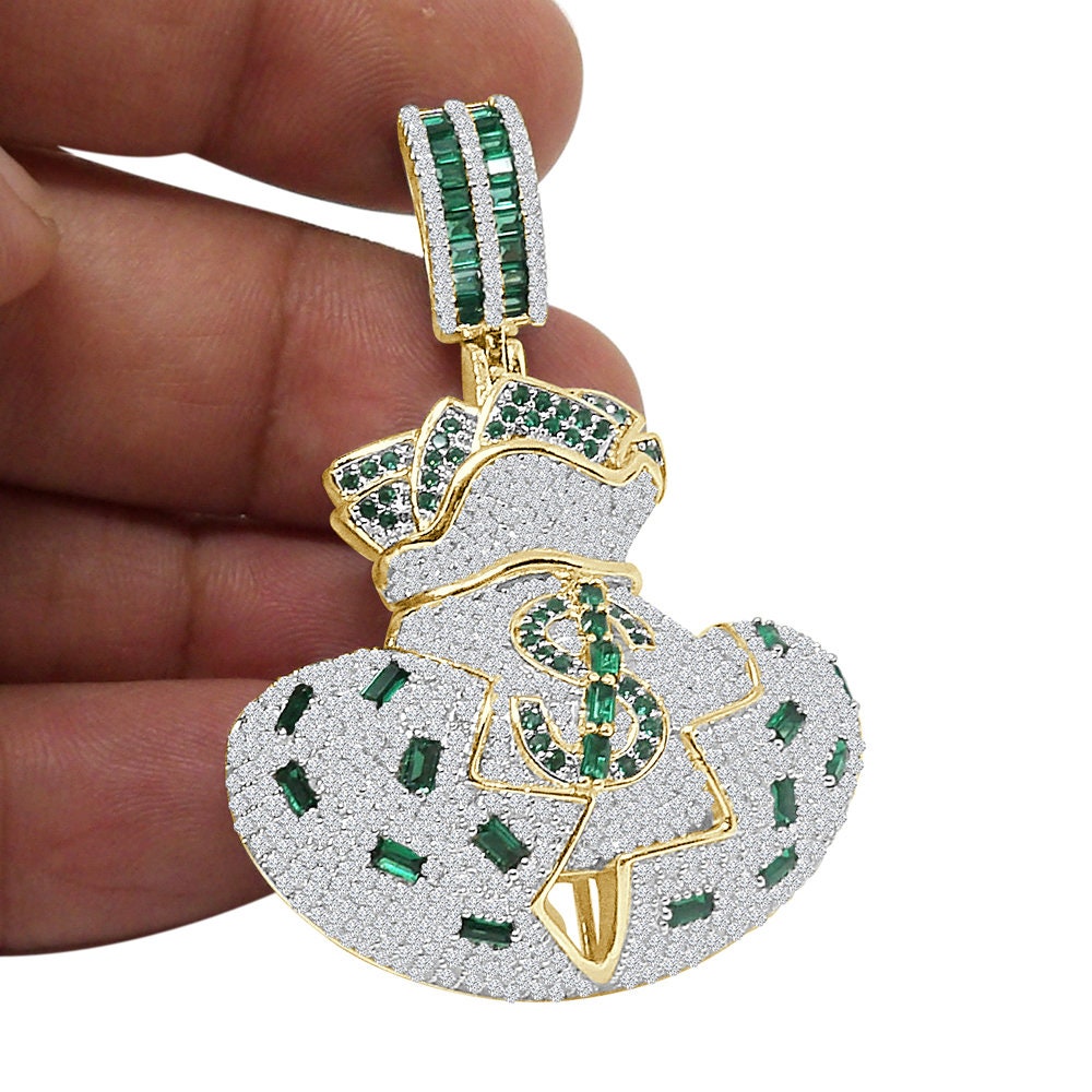 33+ Grams Real Genuine Italian Sterling Silver 3.50 Cwt. Simulated Diamond 14K Gold On Money Bag Dollar Sign Cash Green Charm Pendant 2.10''