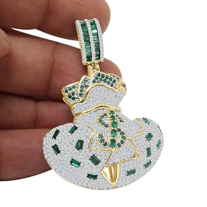 33+ Grams Real Genuine Italian Sterling Silver 3.50 Cwt. Simulated Diamond 14K Gold On Money Bag Dollar Sign Cash Green Charm Pendant 2.10''