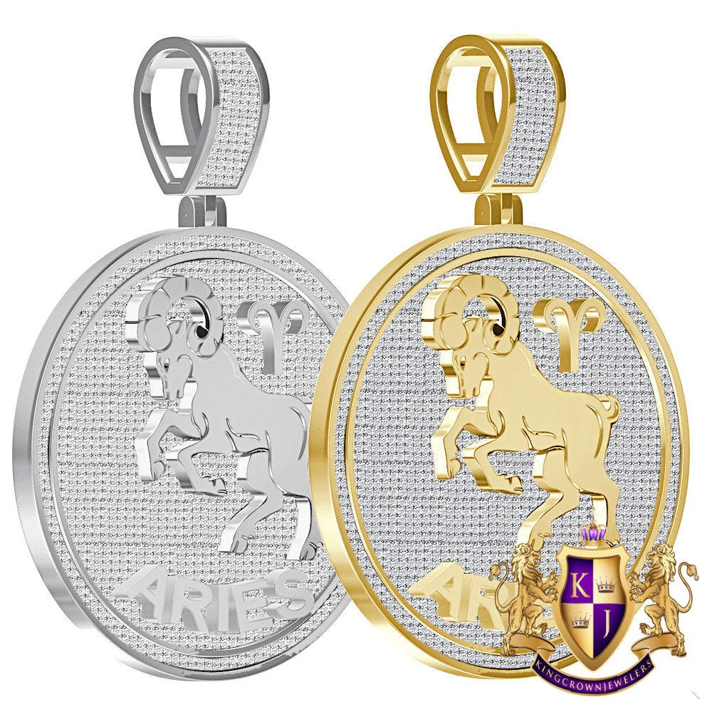 Real Genuine 2.50 Cwt. VVS1 Natural MOISSANITE Diamond Zodiac Sign Aries Ram Astrology Horoscope Charm 10K Solid Gold Over Pendant 2.25''