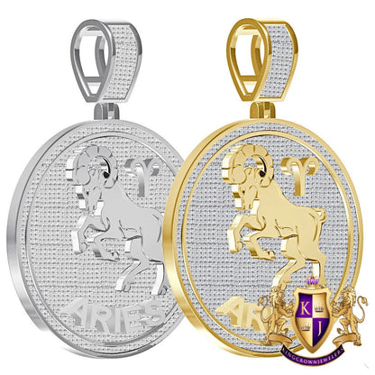 Real Genuine 2.50 Cwt. VVS1 Natural MOISSANITE Diamond Zodiac Sign Aries Ram Astrology Horoscope Charm 10K Solid Gold Over Pendant 2.25''