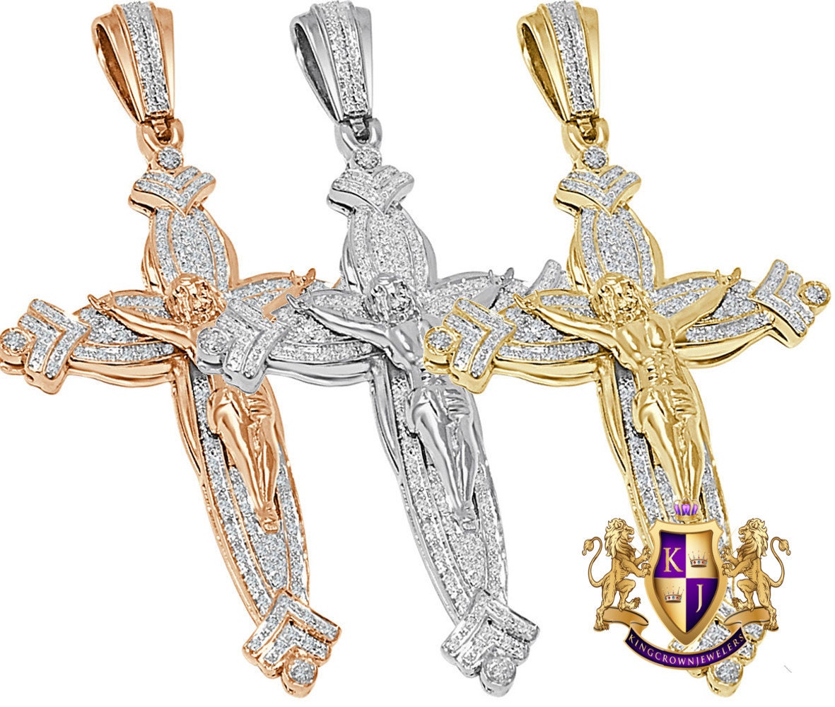 Real Genuine Authentic Diamond O.60 Cwt. 23+ Grams Jesus Christ Crucifix Holy Cross Pendant 10K Solid Gold Over Religious Charm Big 3.5''