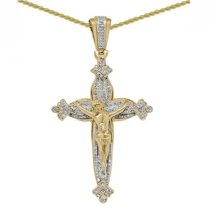 Real Genuine Authentic Diamond 0.75 Cwt. 18+ Grams Jesus Christ Cross Crucifix Charm 10K Gold Over Unisex Pendant Chain Neckless Set 2.80''