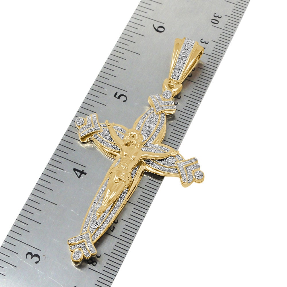 Real Genuine Authentic Diamond 0.75 Cwt. 18+ Grams Jesus Christ Cross Crucifix Charm 10K Gold Over Unisex Pendant Chain Neckless Set 2.80''