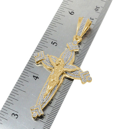 Real Genuine Authentic Diamond 0.75 Cwt. 18+ Grams Jesus Christ Cross Crucifix Charm 10K Gold Over Unisex Pendant Chain Neckless Set 2.80''