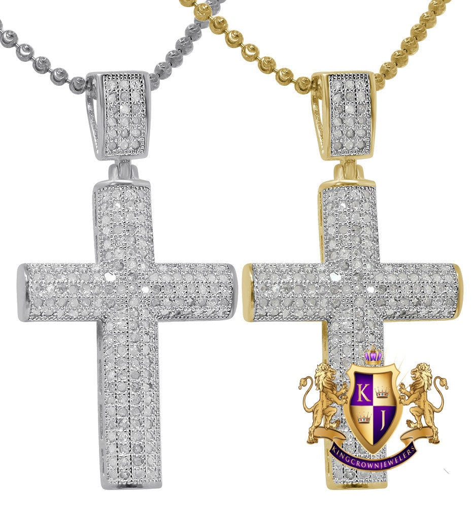 Real Genuine Authentic Natural Diamond 0.75 Cwt. Dome Style Holy Jesus Cross Pendant 10K Gold Finish Unisex Religious Charm 1.75''