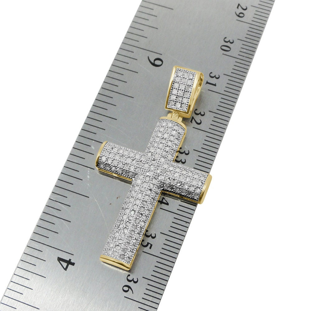 Real Genuine Authentic Natural Diamond 0.75 Cwt. Dome Style Holy Jesus Cross Pendant 10K Gold Finish Unisex Religious Charm 1.75''