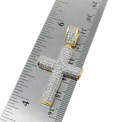 Real Genuine Authentic Natural Diamond 0.75 Cwt. Dome Style Holy Jesus Cross Pendant 10K Gold Finish Unisex Religious Charm 1.75''