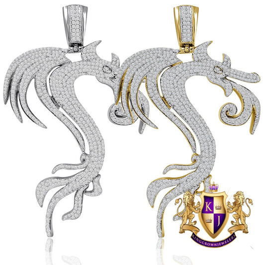 24+ Grams Real Genuine Sterling Silver Big XL 3.30'' 14K Gold Finish 2.00 Cwt. Simulated Diamond Lucky Dragon Men's Pendant Good Luck Charm