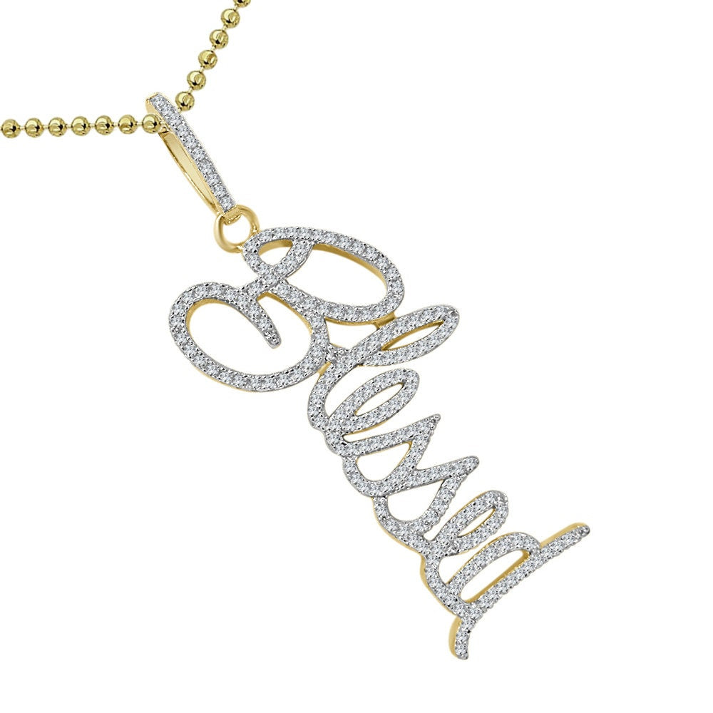 Real Genuine Italian Sterling Silver 2.00 Cwt. Simulated Diamond 14K Gold Over Blessed Unisex Charm Pendant Chain Neckless Set 2.5''