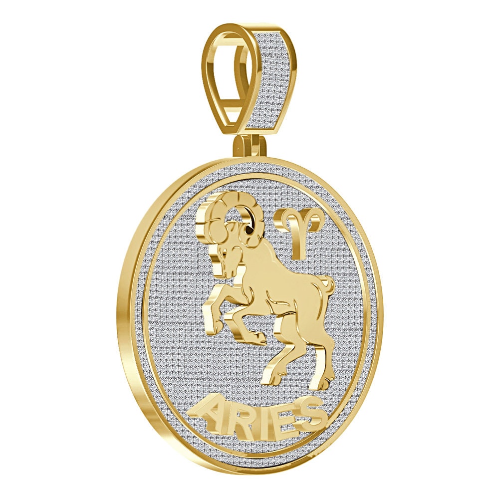 Real Genuine 2.50 Cwt. VVS1 Natural MOISSANITE Diamond Zodiac Sign Aries Ram Astrology Horoscope Charm 10K Solid Gold Over Pendant 2.25''
