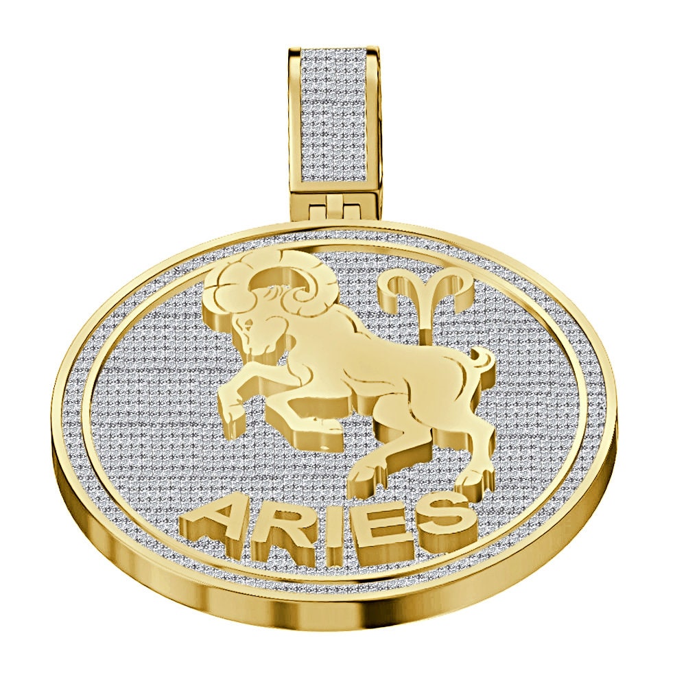 Real Genuine 2.50 Cwt. VVS1 Natural MOISSANITE Diamond Zodiac Sign Aries Ram Astrology Horoscope Charm 10K Solid Gold Over Pendant 2.25''