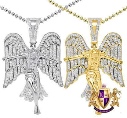Real Genuine Sterling Silver 23+ Grams 14K Gold On Jesus Crucifix Angel Wings Religious Pendant 2.00 Cwt. Simulated Diamond Charm Chain Set