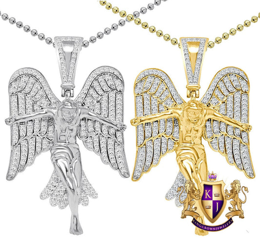 Real Genuine Sterling Silver 23+ Grams 14K Gold On Jesus Crucifix Angel Wings Religious Pendant 2.00 Cwt. Simulated Diamond Charm Chain Set
