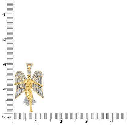 Real Genuine Sterling Silver 23+ Grams 14K Gold On Jesus Crucifix Angel Wings Religious Pendant 2.00 Cwt. Simulated Diamond Charm Chain Set