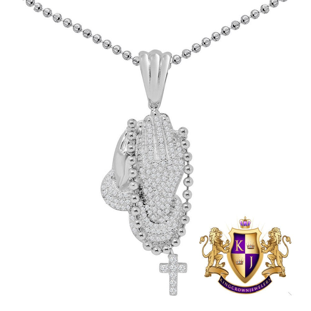Real Genuine Authentic Italian Sterling Silver 14K Gold Finish Praying Hands Cross Pendant 1.50 Cwt. Simulated Diamond Mini Charm Chain Set