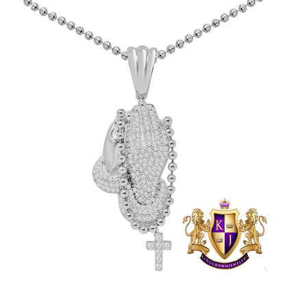 Real Genuine Authentic Italian Sterling Silver 14K Gold Finish Praying Hands Cross Pendant 1.50 Cwt. Simulated Diamond Mini Charm Chain Set