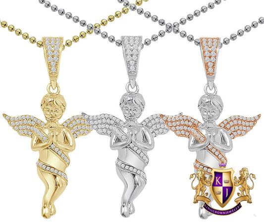 Real Genuine Sterling Sliver Cherub Angel Praying Hand Simulated Diamond 14K Gold Over Unisex Pendant Religious Charm Chain Set Small 2''