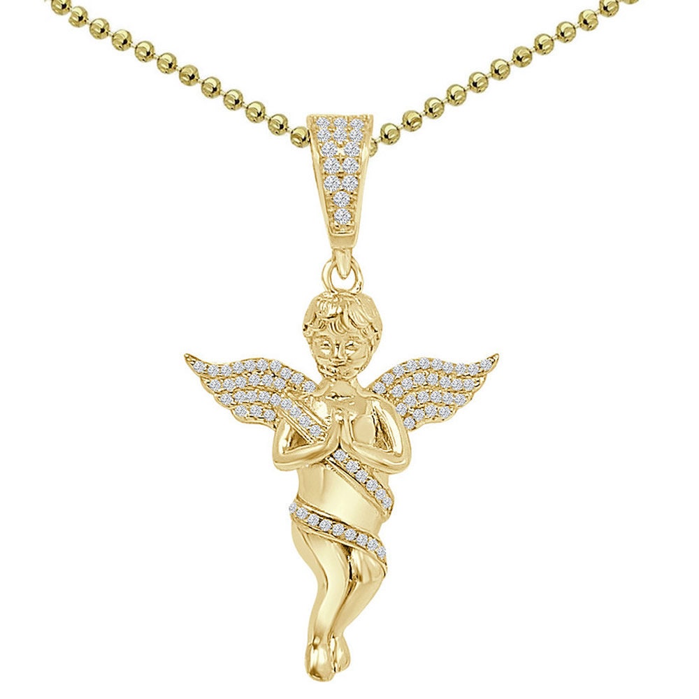Real Genuine Sterling Sliver Cherub Angel Praying Hand Simulated Diamond 14K Gold Over Unisex Pendant Religious Charm Chain Set Small 2''