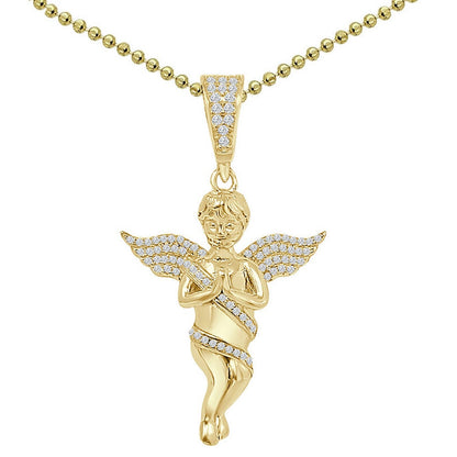 Real Genuine Sterling Sliver Cherub Angel Praying Hand Simulated Diamond 14K Gold Over Unisex Pendant Religious Charm Chain Set Small 2''