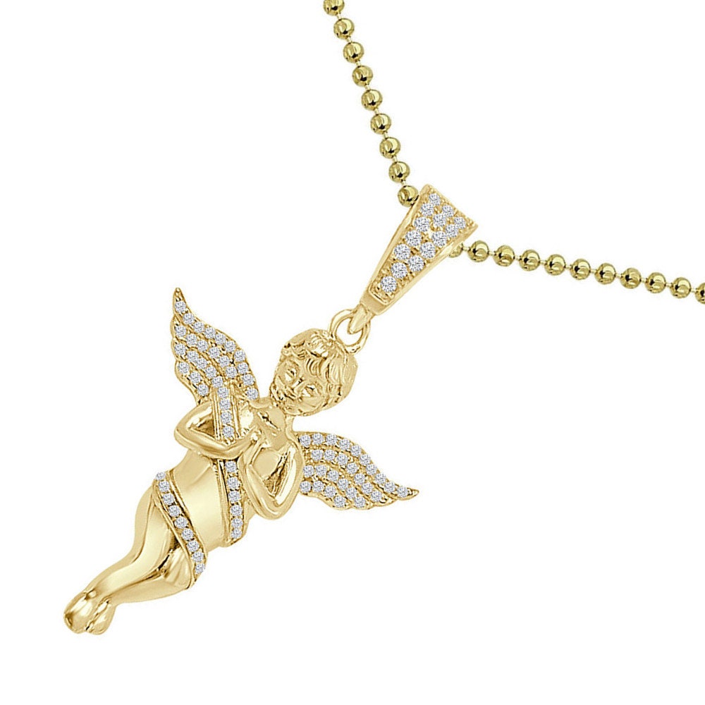 Real Genuine Sterling Sliver Cherub Angel Praying Hand Simulated Diamond 14K Gold Over Unisex Pendant Religious Charm Chain Set Small 2''
