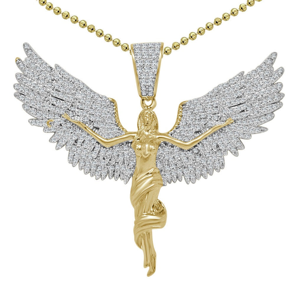 Real Genuine Authentic Sterling Silver 2.00 Cwt. Simulated Diamond 14K Gold Over Angel Wings Cross Charm Pendant Chain Neckless Set 1.80''