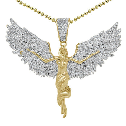 Real Genuine Authentic Sterling Silver 2.00 Cwt. Simulated Diamond 14K Gold Over Angel Wings Cross Charm Pendant Chain Neckless Set 1.80''