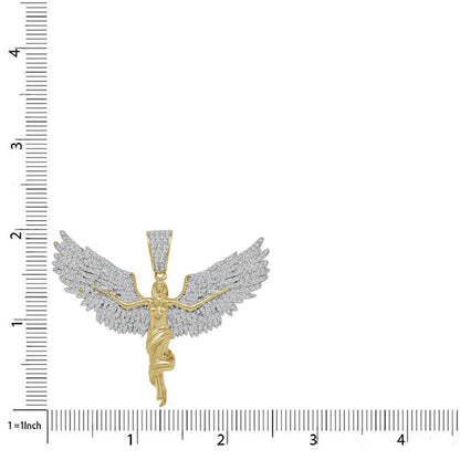 Real Genuine Authentic Sterling Silver 2.00 Cwt. Simulated Diamond 14K Gold Over Angel Wings Cross Charm Pendant Chain Neckless Set 1.80''
