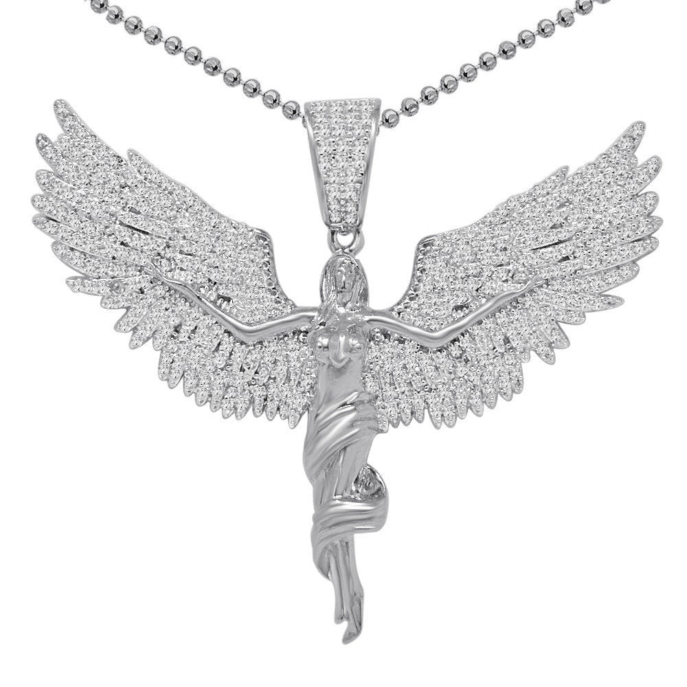 Real Genuine Authentic Sterling Silver 2.00 Cwt. Simulated Diamond 14K Gold Over Angel Wings Cross Charm Pendant Chain Neckless Set 1.80''