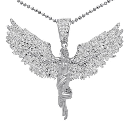 Real Genuine Authentic Sterling Silver 2.00 Cwt. Simulated Diamond 14K Gold Over Angel Wings Cross Charm Pendant Chain Neckless Set 1.80''