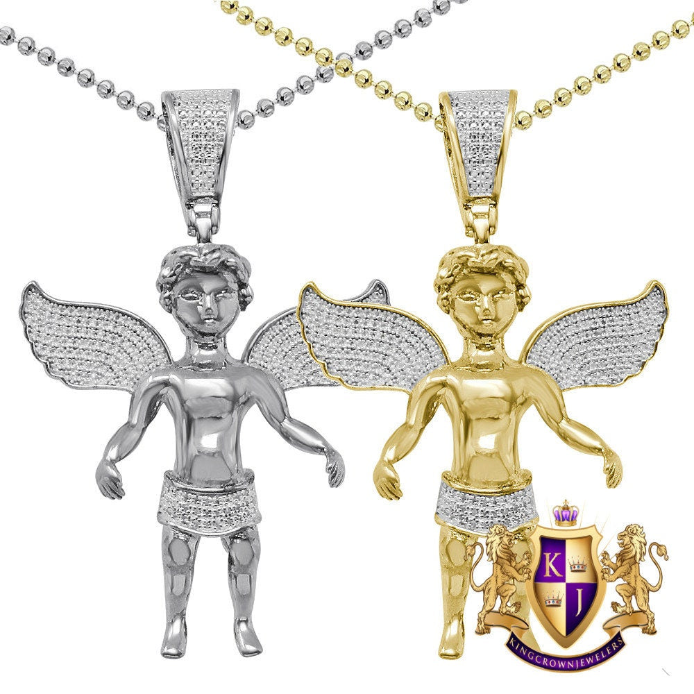 20+ Grams Real Genuine Sterling Silver 2.00 Ct. Simulated Diamond 14K Gold On Angel Wings Religious Pendant Unisex Charm Chain Set Big 2.5''
