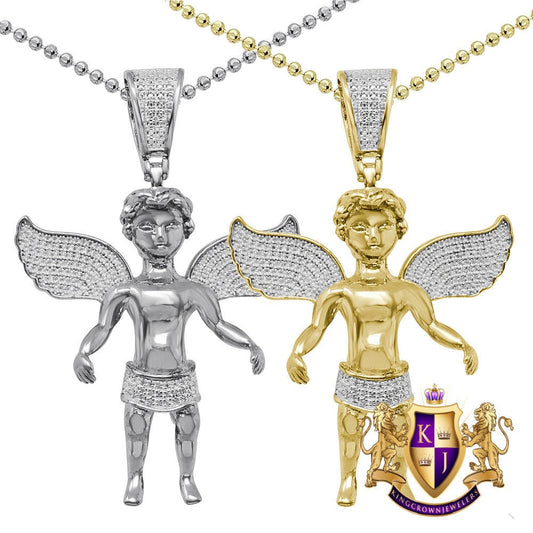 20+ Grams Real Genuine Sterling Silver 2.00 Ct. Simulated Diamond 14K Gold On Angel Wings Religious Pendant Unisex Charm Chain Set Big 2.5''