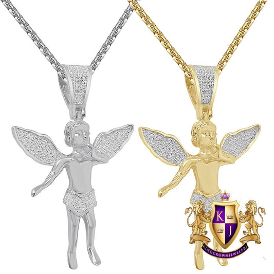 Real Genuine Sterling Silver 1.00 Ct. Simulated Diamond 14K Gold On Angel Wings Religious Pendant Unisex Charm Chain Set Small 1.65''
