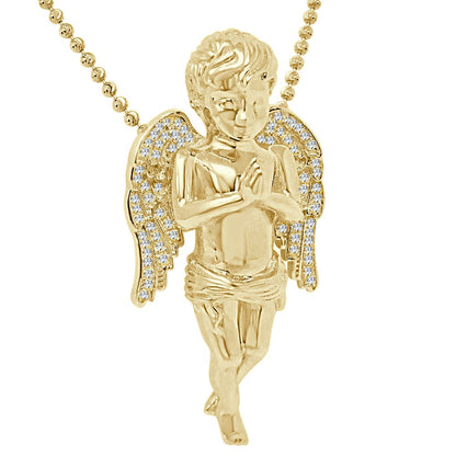 30+ Grams Real Genuine Italian Sterling Silver 2.00 Cwt. Simulated Diamond Praying Hands Angel Wings Charm Pendant Chain Neckless Set 2.10''
