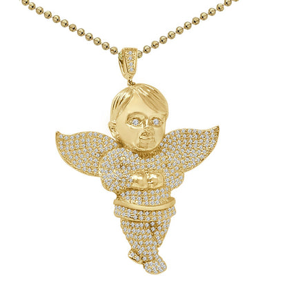 Genuine Real Sterling Silver Simulated Diamond Praying Hands Angel Unisex Religious Pendant Charm Chain Neckless Set 1.75''