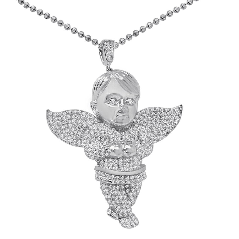 Genuine Real Sterling Silver Simulated Diamond Praying Hands Angel Unisex Religious Pendant Charm Chain Neckless Set 1.75''