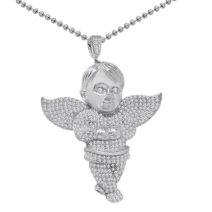 Genuine Real Sterling Silver Simulated Diamond Praying Hands Angel Unisex Religious Pendant Charm Chain Neckless Set 1.75''