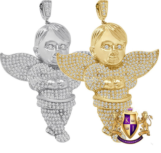 23+ Grams Real Sterling Silver Simulated Diamond Angel Praying Hands Religious Unisex Pendant Charm 2.5''