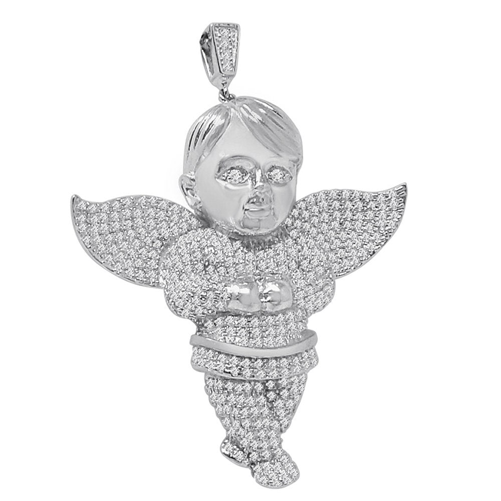 23+ Grams Real Sterling Silver Simulated Diamond Angel Praying Hands Religious Unisex Pendant Charm 2.5''
