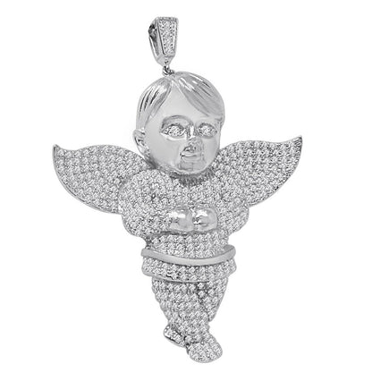 23+ Grams Real Sterling Silver Simulated Diamond Angel Praying Hands Religious Unisex Pendant Charm 2.5''