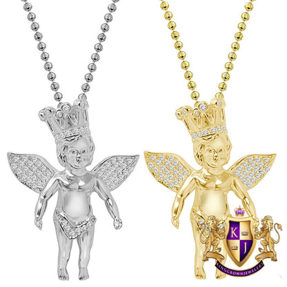 Authentic Real Genuine Sterling Silver Simulated Diamond Baby Angel Crown Face Unisex Religious Pendant Charm Chain Neckless Set 1.75''