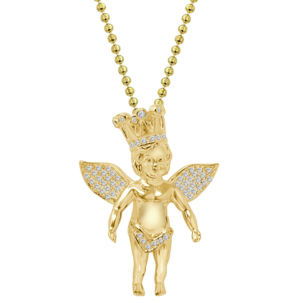 Authentic Real Genuine Sterling Silver Simulated Diamond Baby Angel Crown Face Unisex Religious Pendant Charm Chain Neckless Set 1.75''